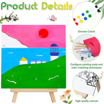 Tenceur 48 Pcs Kids Paint Party Favors Sets with 12 Pcs Animals Pre Drawn Canvas Panel and Wooden Easel Set Paint Pots and Brushes 12 Mini Apron and Tote Bag for Kids Girls Student Boys - style: Animal