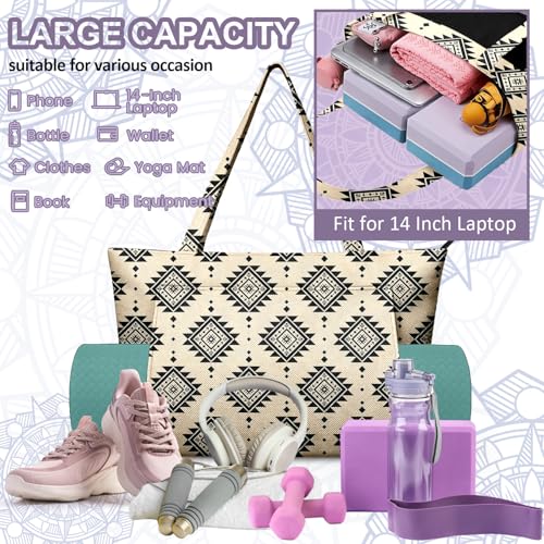 Yoga Bag for Women, Large Canvas Yoga Mat Tote Bag with Yoga Mat Carrier - color: Beige bohemian