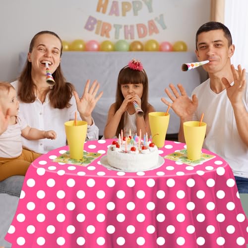 3 Pack Pink and White Polka Dots Round Tablecloth Pink Round Table Cover with White Polka Dot Plastic Table Cloth 84 in for Kitchen Dining Wedding Party