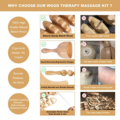 Wood Therapy Massage Tools Professional Maderoterapia Kit Body Sculpting Tools for Lymphatic Drainage and Anti-Cellulite.Wood Massager Roller Rpoe for Back and Muscle Pain Relief (5pcs)