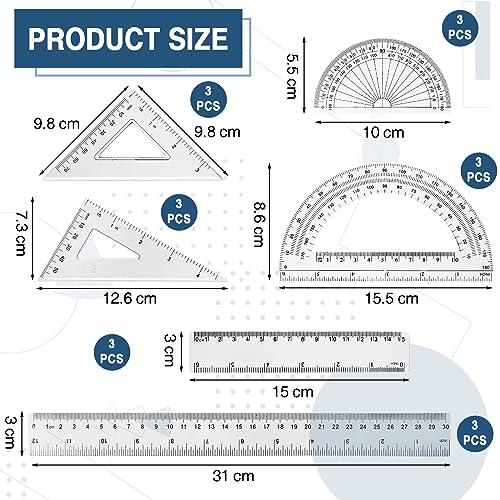 Tenare 18 Pcs Plastic Clear Math Set Includes Protractor Triangle Rulers 12 Inch 6 Inch Straight Geometry Math Transparent Ruler Measuring Tool for Office Home Supplies