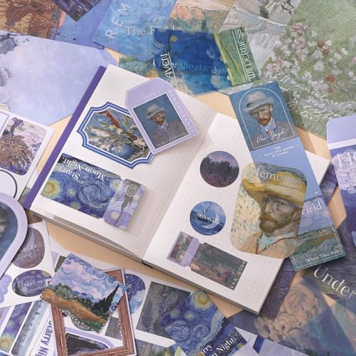 Van Gogh Scrapbook Photo Album Supplies Kit with Tweezers and Glue Tape, Aesthetic Vintage Junk Journal Scrapbooking Paper, Sticker Pack, Notebook Craft Supplies, DIY Gift for Adult Men (Oil Painting) - color: Oil Painting
