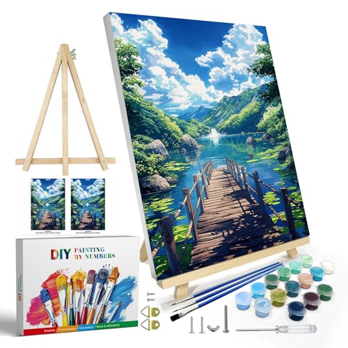 JOOZ Paint by Numbers Kit for Adults with Frame, Landscape Paint by Numbers with Easel, Lake Mountain Paint by Number with Frame, DIY Easy Paint by Numbers Kit for Adults Home Wall Decor 8 x 12 Inch - color: Lakeside Landscape