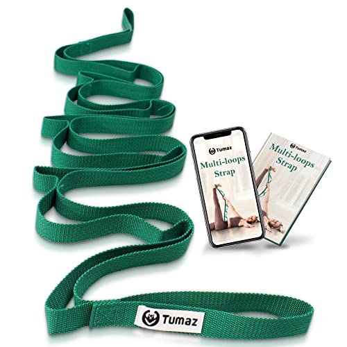 Tumaz Stretching Strap, 10-Loop Non-Elastic Yoga Strap | Designed for stretching, yoga, Pilates and rehab with 10 loops, durable webbing and a longer 79-inch design - color: Green Lite
