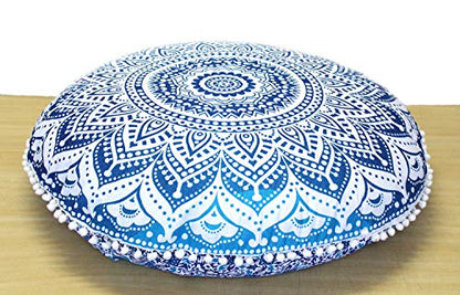 CRAFT KALA 32" Large Round Bohemian Floor Pillow Cover Boho Pouf Cover Mandala Meditation Room Pillows Cover Adults Seating Poufs Cushion Cover for Kids Reading Playroom Blue Ombre - color: Blue Ombre