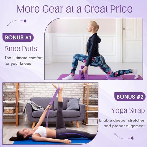 Yoga Blocks 2 Pack for Wrist Relief,Yoga Block with Knee Pads Strap - color: Purple