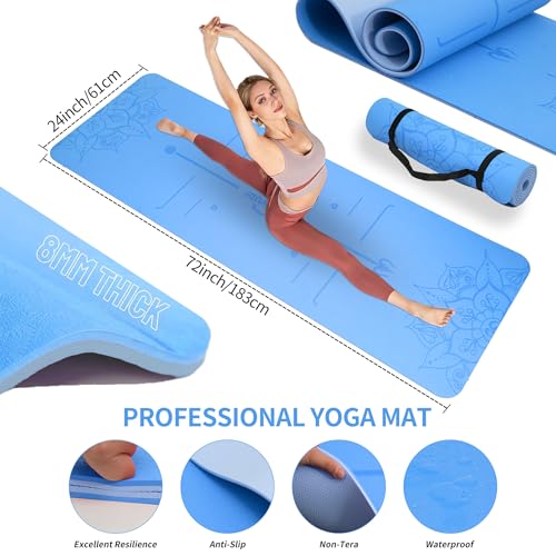 DICYWUDI Yoga Mat Thick, 6 Fabric Resistance Bands, 2 Pack Yoga Blocks, Home Workout Equipment Essentials Starter Kit for Beginners Full Body Toning - color: Blue