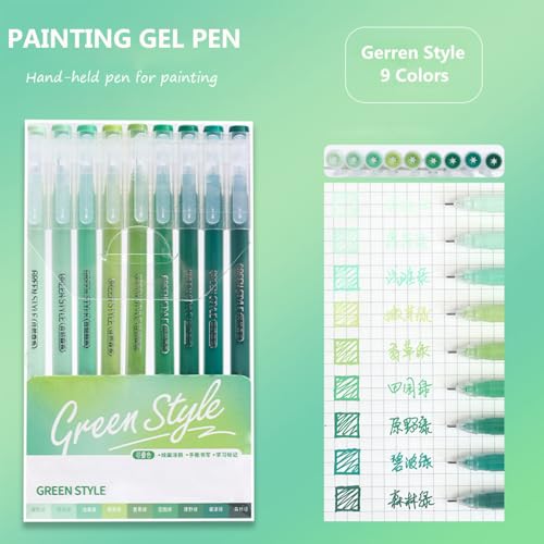 Gel Pens with 0.6mm Fine Point, 9 Colors Acrylic Drawing Gel Pen | Smooth Writing Pen Set for Journaling, Green Style, Drawing Pencils for Adult Coloring Books - color: Green Style