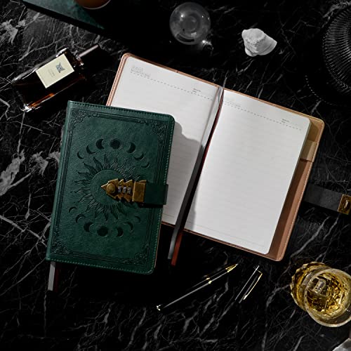 ZXHQ Lock Journal with Pen, A5 240 Pages Diary with Lock, Brown Edge, Refillable, Leather Hardcover (8.5 × 5.9inch) Dark Green - color: Blackish Green