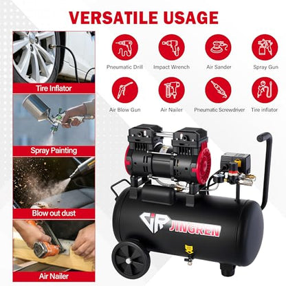 8 Gallon Quiet Oil Free Air Compressor With Air hose, Only 68dB, 2HP | Oilless Quiet Air Compressor, 4.2CFM, Max 120 PSI, 8 Gallon Air Tank for Car Repair, Spray Painting, Nailing With Air Hose
