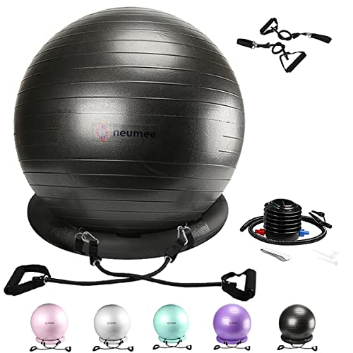 Yoga Ball Chair with 65cm Exercise Ball & 2 Resistance Bands, Stability Base for Home Office, Yoga, Pilates & Fitness, Balance Ball for Posture, Core Strength & Low Impact Workouts - color: Black