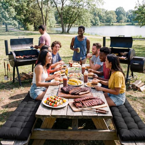BreezeHug 2 Pcs Picnic Bench Cushion 6' Waterproof Outdoor Picnic Table Seat Cushion with Durable Straps and Buckles, 72" (6ft) x 10" x 3" Tufted Fade Resistant, Folding & Easy to Carry(Black) - color: Black, size: 72 x 10 x 3 inches