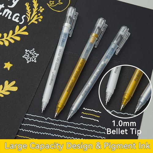 PANDAFLY Gold Silver White Gel Pens, 5-Pack, 1.0mm Fine Point | 3 Colors Archival Ink Pens for Highlights, Black Paper Drawing, Sketching, Illustration, Card Making, Bullet Journaling - color: Multicolor
