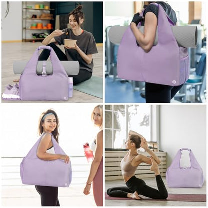 Sportsnew Tote Yoga Mat Gym Bag 20L Women W/Shoe Compartment Wet Dry Pocket | Water-Resistant Gym Tote - Mat Strap, Ventilated Shoe Bin, Wet Pocket, Padded Handle, Multi Pockets, Side Mesh & Key Clip - color: Purple