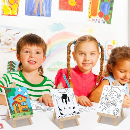 Tenceur 48 Pcs Kids Paint Party Favors Sets with 12 Pcs Animals Pre Drawn Canvas Panel and Wooden Easel Set Paint Pots and Brushes 12 Mini Apron and Tote Bag for Kids Girls Student Boys - style: Animal