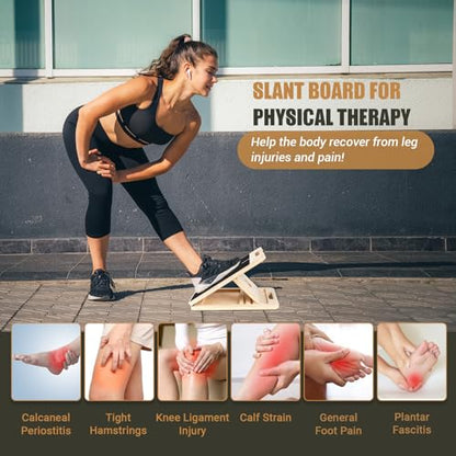 Calf Stretch Slant Board with Resistance Band, 300lb Portable Incline Board | Training Poster, Non-Slip Adjustable Wood Calf Mobility Board for Legs, Ankles, Knees, Heels, Physical Therapy and Stretching