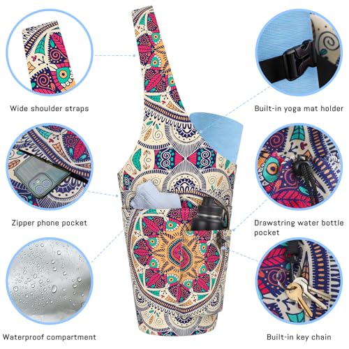 Mandala Yoga Mat Bag with Large Waterproof Zipper Pocket and Drawstring Pocket Long Tote Yoga Mat Carrier Holder Bags Fit Most Size Mats - color: Beige