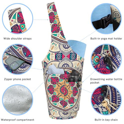 Mandala Yoga Mat Bag with Large Waterproof Zipper Pocket and Drawstring Pocket Long Tote Yoga Mat Carrier Holder Bags Fit Most Size Mats - color: Beige