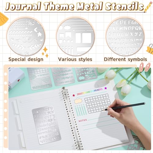Lewtemi 6 Pcs Metal Wood Burning Stencils, Journal Style Letters Numbers | Engraving Templates for Journaling Crafts, Uppercase Lowercase Symbols, Reusable in Wood Carving Scrapbooking Projects - style: Journal Style