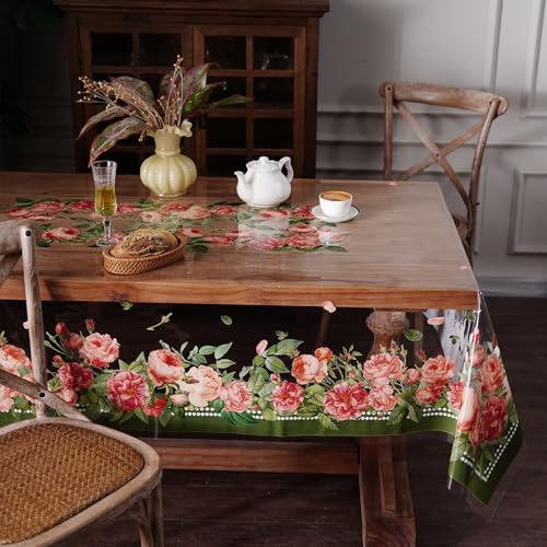 Clear Table Protector Cover Vinyl Rose PVC Tablecloth, 60"x104" | Dining Room, Kitchen Meals, Tabletop Protection, Easy Cleanup, Brunch, Parties, Holiday Gatherings, Everyday Use - color: Rose, size: 60" x 104" (Rectangular)