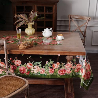 Clear Table Protector Cover Vinyl Rose PVC Tablecloth, 60"x104" | Dining Room, Kitchen Meals, Tabletop Protection, Easy Cleanup, Brunch, Parties, Holiday Gatherings, Everyday Use - color: Rose, size: 60" x 104" (Rectangular)