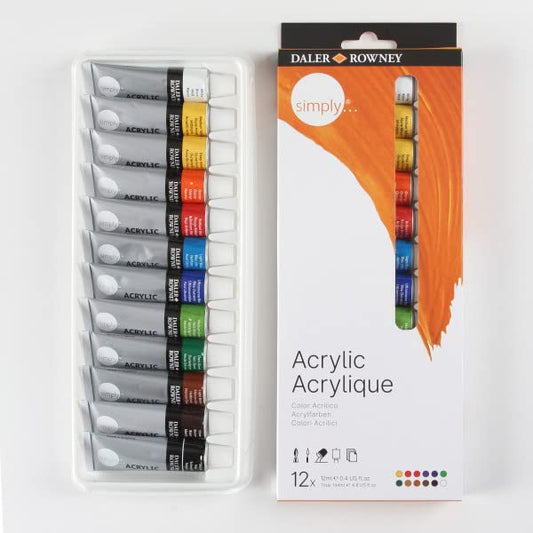 Daler Rowney Simply Acrylic Paint Set - 12 Acrylic Paint Tubes for Student Artists of all Ages - Vibrant Smooth Acrylic Paint Colors - 12ml Acrylic Paints for Canvas Paper and More - style: 12 Pack