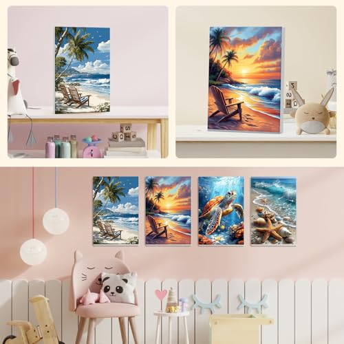 NEWENMO 4 Pack Paint by Numbers for Adults with Wooden Framed, Beach Sunset, Paint by Number Kits on Canvas for Beginner, DIY Acrylic Oil Painting Kits for Home Decor 8x12 inch, Sea Turtle - color: blue-beach
