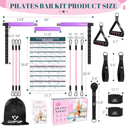 Pilates Bar Kit with Resistance Bands, Multifunctional Yoga Pilates Kit - color: Purple