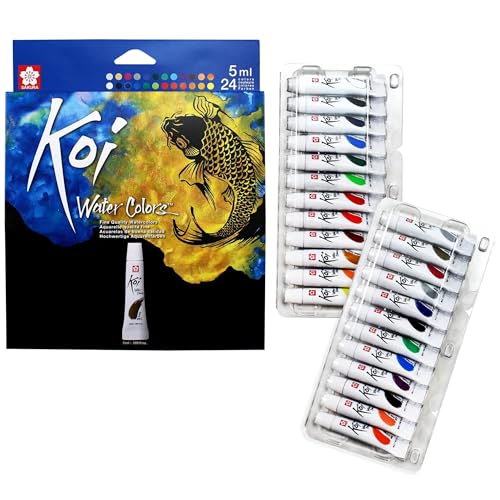 SAKURA Koi Water Color Paint, 5ml Tubes, 24 Colors XMW5L-24SET | Fine Quality Watercolor Paint Set, Even Pigment Spread, Quick Drying, Performance Blending, Certified Non-Toxic - color: 24 Colors, size: 4.06 Fl Oz (Pack of 1)