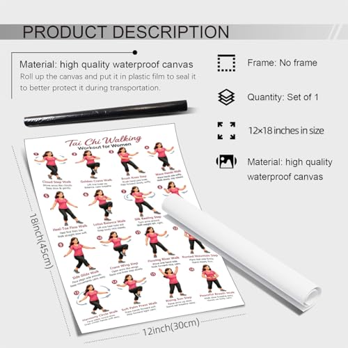 GO-SANTNN Tai Chi Walking Workout for Women Poster Wellness Exercise Chart Canvas Wall Art Balance and Mindful Movement Exercise Prints Living Room Office Apartment Wall Decor 12x18 inch Unframed - color: Pink, size: 18"L x 12"W, style: Unframed