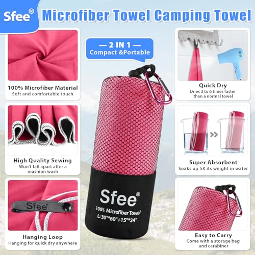 Sfee 2 Pack Microfiber Travel Towel, Quick Dry Towel Camping Towel Super Absorbent Compact Lightweight Sports Swim Gym Beach Towels Set for Gym, Hiking, Pool, Backpacking, Bath, Yoga - color: Hot Pink, size: M 48"x21"+24"x15"