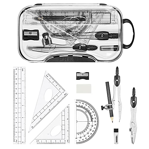 Vobou 10 pcs Math Geometry Set Student Supplies,Compass Kit Set (Black） | Shatterproof Storage Box,Rulers,Protractor,Compass,Eraser,Pencil Sharpener,Lead Refills,Pencil,for School and Drawing - color: Black