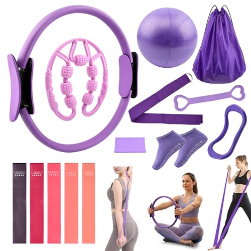 Pilates Essentials Kit for Women, 14 Pcs Pilates Equipment for Home Workouts with Yoga Circle Ball Ring, 5 Resistance Bands,Pedal Puller Resistance Band - color: Purple