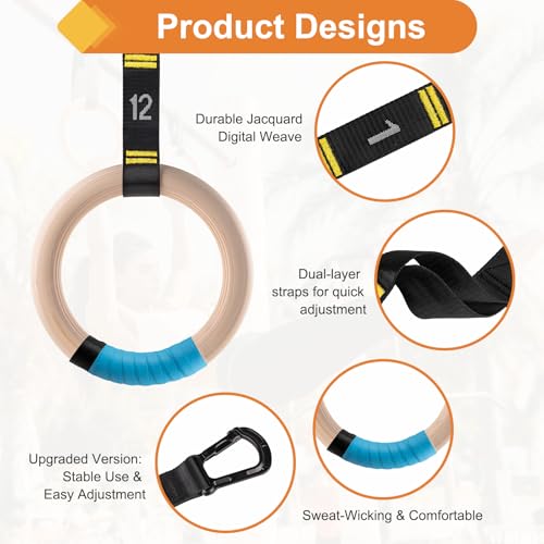 Wooden Gym Rings, 9ft Double-Layer Numbered Straps Quick Adjust | 1.25” Olympic Rings for Home Gym Small Apartment Hotel Camping Full Body Workout Calisthenics Strength Training Body