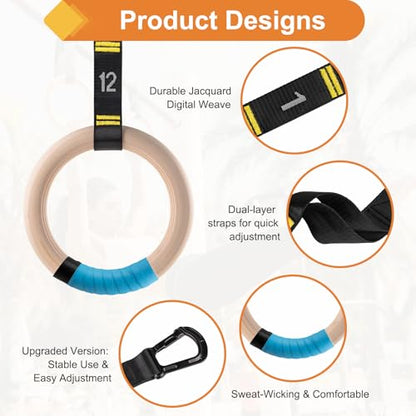 Wooden Gym Rings, 9ft Double-Layer Numbered Straps Quick Adjust | 1.25” Olympic Rings for Home Gym Small Apartment Hotel Camping Full Body Workout Calisthenics Strength Training Body