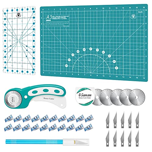 Rotary Cutter Set - 45mm Fabric Cutter, 5 Extra Rotary Blades, A3 Cutting Mat, Quilting Ruler and Sewing Clips, Craft Knife Set, Ideal for Crafting, Sewing, Patchworking,Turquoise - color: Turquoise, size: A3 Rotary Cutter Set