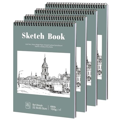4 Pack Sketch Book, 9 x 12 Inch Sketchbook, 68lb/100gsm Top Spiral Bound Sketch Pad, Acid Free Art Supplies Drawing Painting Sketching Paper for Kids, Adults, Beginners, Artists (30 Sheets Each) | 100gsm Drawing Paper, Hardcover Backboard, Lay-flat Top Sp