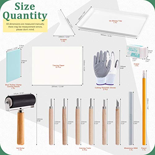 Keadic 24 Pieces Rubber Block Stamps Carving Starter Tool Kit, Comes with Stamp Block, Ink Roller, 6 Carving Tools, Tracing Papers, Pencil & Ink Mixing Tray for Stamp Carving and Printmaking