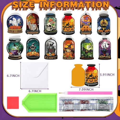Saillong 12 Pack Halloween Diamond Painting Greeting Card Kits DIY Halloween Diamond Art Cards with Envelopes Bat Black Cat Pumpkin 5D Rhinestones Painting Kit for Adults DIY Craft Family Friend Gifts - color: Gothic Halloween