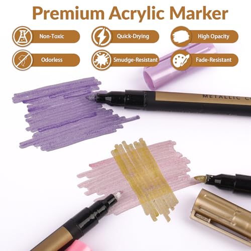 10 Color Metallic Markers, Glitter Metallic Acrylic Paint Pens | Permanent Sparkle Markers For Rock Painting, Black Paper Crafts, Card Making, Scrapbooking, Glass, Wood, Metal, Ceramic