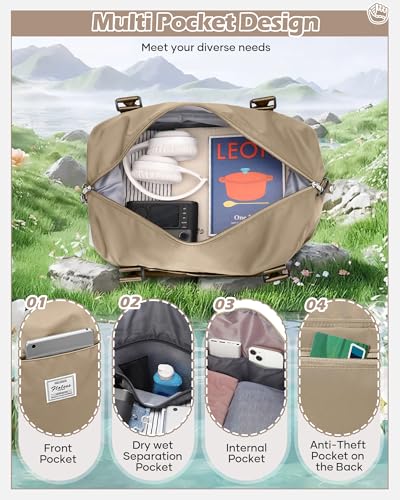 Travel Duffel Bags for Women Mens Waterproof Weekender Carry on Bag Sports Gym Bag Travel Tote Bags with Wet Pocket Overnight Bag Workout Duffel Bags with Trolley Sleeve Khaki - color: F8-Khaki