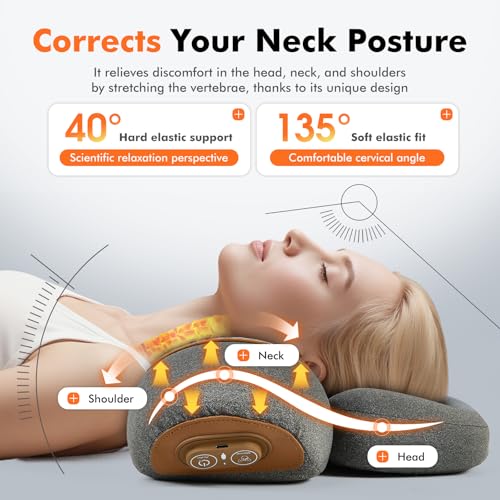 3-in-1 Neck Massager Pillow with Heating & Cervical Traction, Ergonomic Cervical Pillow for Neck Back Shoulder Pain Relief, Rechargeable Neck Pillow