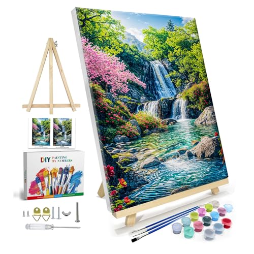 JOOZ Paint by Numbers Kit for Adults with Frame, Landscape Paint by Number with Easel, Mountain Waterfall Paint by Number Canvas, DIY Landscape Oil Painting Kit for Home Wall Decor 8x12 Inch - color: Mountain Waterfall 269