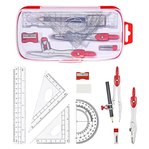 Vobou Math Geometry Sets 10 Pcs, Student Supplies Kit, Compass Set (Red | Shatterproof Storage Box,Includes Rulers,Protractor,Compass,Eraser,Pencil Sharpener,Lead Refills,Pencil, for Drafting - color: Red