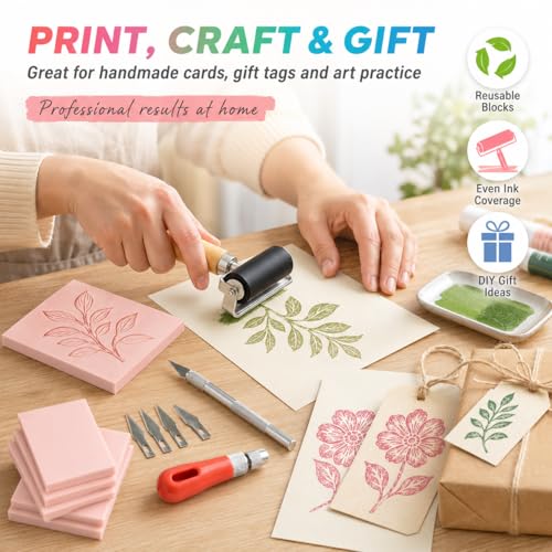 8Pcs Linoleum Blocks for Printmaking, 4 x 6 Rubber Carving Block, Stamp Carving Kit, Rubber Stamp Kit with Cutter Tools for Stamp Carving, DIY Printmaking Pink