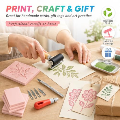 8Pcs Linoleum Blocks for Printmaking, 4 x 6 Rubber Carving Block, Stamp Carving Kit, Rubber Stamp Kit with Cutter Tools for Stamp Carving, DIY Printmaking Pink