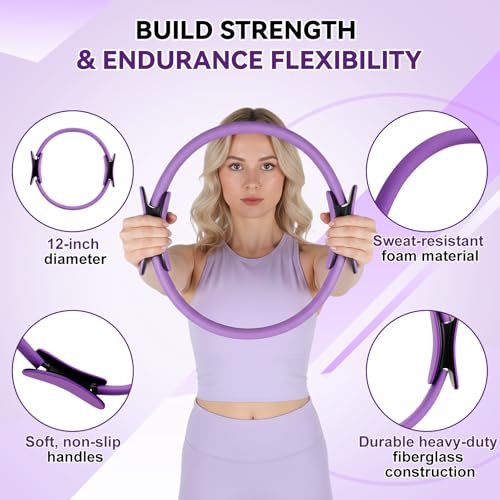 LiKiLiKi Pilates Ring and Ball Set, Home Pilates Equipment for Women with Resistance Bands, 12'' Magic Circle, 9.8'' Ball, for Strength, Toning and Flexibility, Fitness Essentials Starter Accessories - color: Purple