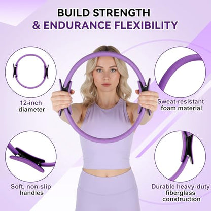 LiKiLiKi Pilates Ring and Ball Set, Home Pilates Equipment for Women with Resistance Bands, 12'' Magic Circle, 9.8'' Ball, for Strength, Toning and Flexibility, Fitness Essentials Starter Accessories - color: Purple