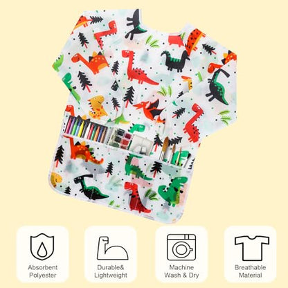 Kids Art Smocks Dinosaur Painting Aprons for Children Waterproof Artist Smock with Long Sleeve and 3 Pockets for Age 3-8 Years (White) - color: Dinosaur (White)