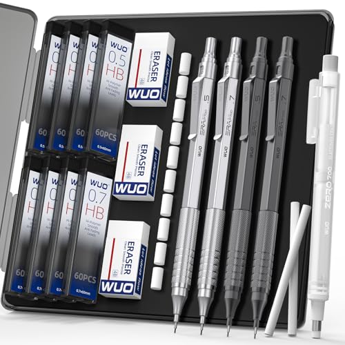 WUO Mechanical Pencil Set, 4 Pack 0.5mm & 0.7mm Metal Drafting Pencils | Mechanical pencils with 480 HB leads, eraser pen, 4B erasers, case for technical drawing, sketching, writing & school - color: Silver+Grey